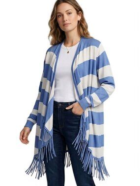Blue By Saks Fifth Avenue Blue White Striped Cardigan Fringe Sweater Size XL
